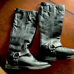 Black, distressed, leather Frye boots with back zipper